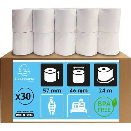 Exacompta - Réf. 40915E - Carton de 30 bobines pour tickets de carte bancaire - largeur 57 mm x diamètre 46 mm - mandrin 12 mm -