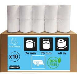 Exacompta - Réf. 40991E - Lot de 10 bobines pour balance - largeur 76 mm x diamètre 70 mm - mandrin 12 mm - 1 pli thermique 55g/