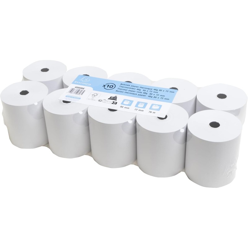 EXACOMPTA Lot de 10 Bobines caisse papier thermique 55g m/2 80 x 80 x 12 mm 78m