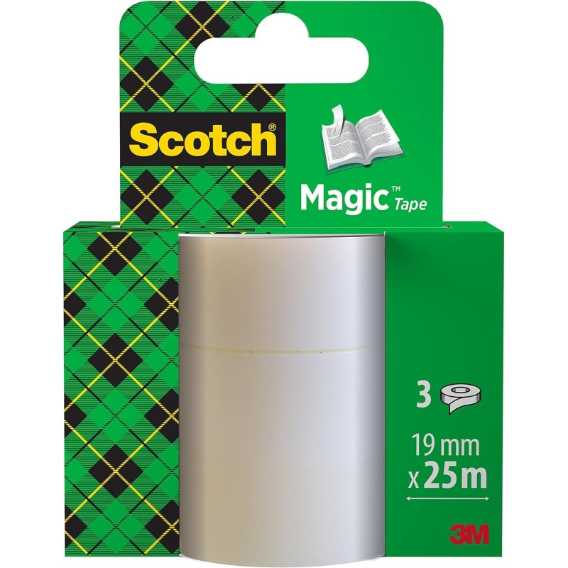 Scotch Ruban Magic - 3 Rouleaux, 19 mm x 25 m - Ruban Adhésif à Usage Général pour la Réparation, l'Etiquetage et la Fermeture d