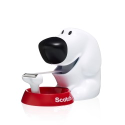 Scotch, Dévidoir Scotch, Petit Dévidoir de Ruban Adhésif en Forme de Chien, Taille 19 mm x 33 mm, Blanc avec Base Rouge, Support