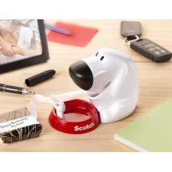 Scotch, Dévidoir Scotch, Petit Dévidoir de Ruban Adhésif en Forme de Chien, Taille 19 mm x 33 mm, Blanc avec Base Rouge, Support