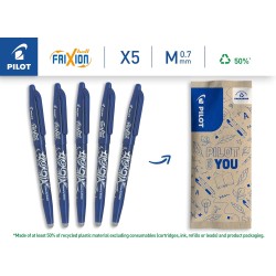 PILOT - Lot de 5 FriXion Ball 07 - Encre Gel Effaçable - Stylo Roller Rechargeable - Bleu - Pointe moyenne