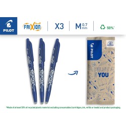 PILOT - Lot de 3 FriXion Ball 07 - Stylo Effaçable à Encre Thermosensible - Stylo Roller Rechargeable - Bleu - Pointe Moyenne