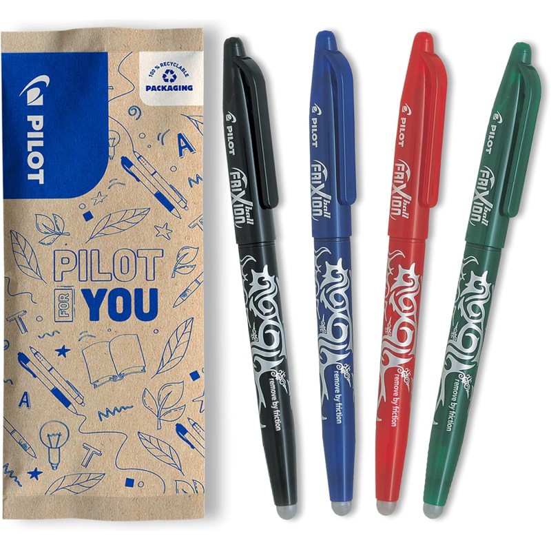 PILOT- Lot de 4 FriXion Ball 07, Stylo Effaçable à Encre Thermosensible, Stylo Roller Rechargeable, 1 Bleu, 1 Noir, 1 Rouge, 1 V