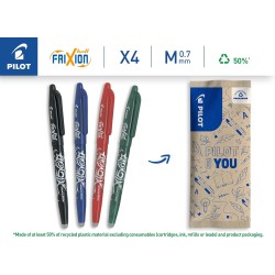 PILOT- Lot de 4 FriXion Ball 07, Stylo Effaçable à Encre Thermosensible, Stylo Roller Rechargeable, 1 Bleu, 1 Noir, 1 Rouge, 1 V