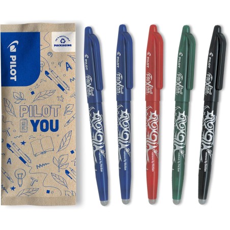 PILOT - Lot de 5 Frixion Ball - Stylo roller rechargeable et effaçable à encre thermosensible - 2 Bleus, 1 Noir, 1 Rouge, 1 Vert