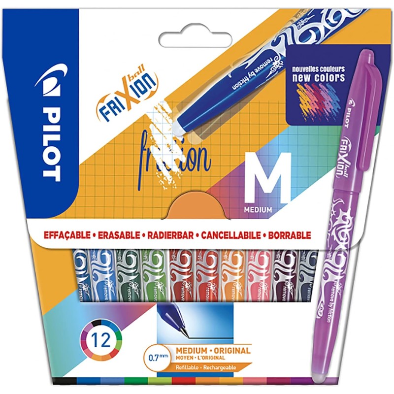 PILOT - Pochette de 12 FriXion Ball 07, Stylo Effaçable à Encre Thermosensible, Stylo Roller Rechargeable, Couleurs Assorties, P
