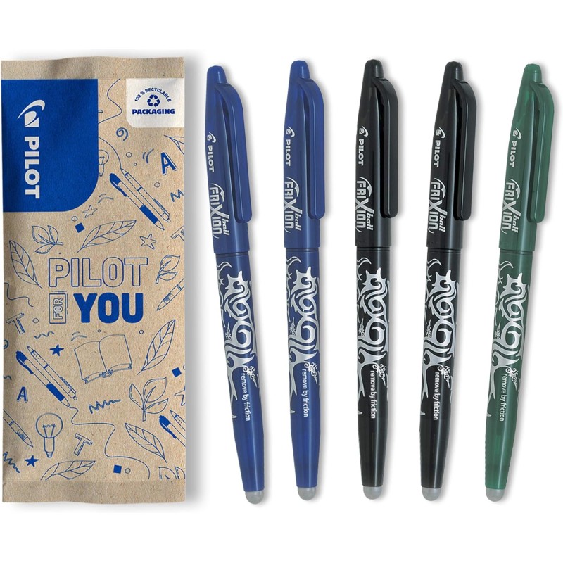 PILOT - Lot de 5 Frixion Ball - Stylo effaçable à encre thermosensible - Stylo roller rechargeable fabriqué à partir de plastiqu