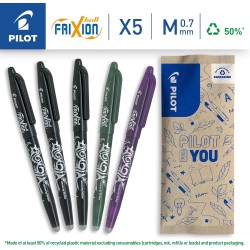 PILOT - Lot de 5 FriXion Ball 07 - Stylo Effaçable à Encre Thermosensible - Stylo Roller Rechargeable - 3 Noirs, 1 Vert, 1 Viole