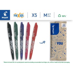 PILOT - Lot de 5 FriXion Ball 07 - Stylo Effaçable à Encre Thermosensible - Stylo Roller Rechargeable - Noir, Vert, Rouge, Viole