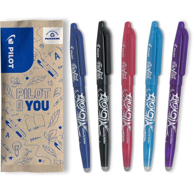 PILOT - Lot de 5 FriXion Ball 07 - Stylo Effaçable à Encre Thermosensible - Stylo Roller Rechargeable - Noir, Bleu, Rose, Turquo