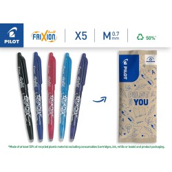 PILOT - Lot de 5 FriXion Ball 07 - Stylo Effaçable à Encre Thermosensible - Stylo Roller Rechargeable - Noir, Bleu, Rose, Turquo