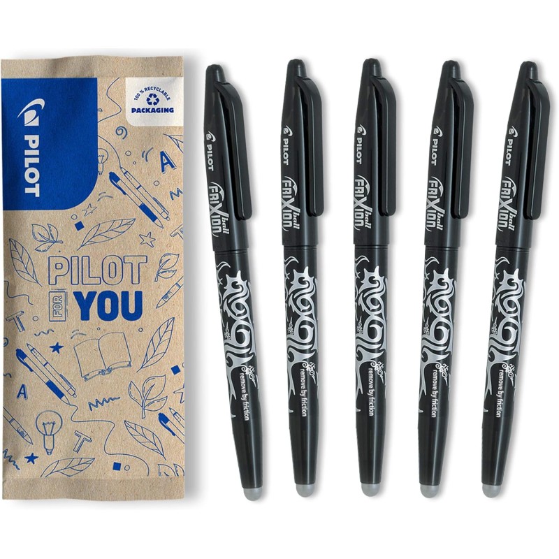 PILOT - Lot de 5 Frixion Ball - Stylo effaçable à encre thermosensible - Stylo roller rechargeable fabriqué à partir de plastiqu