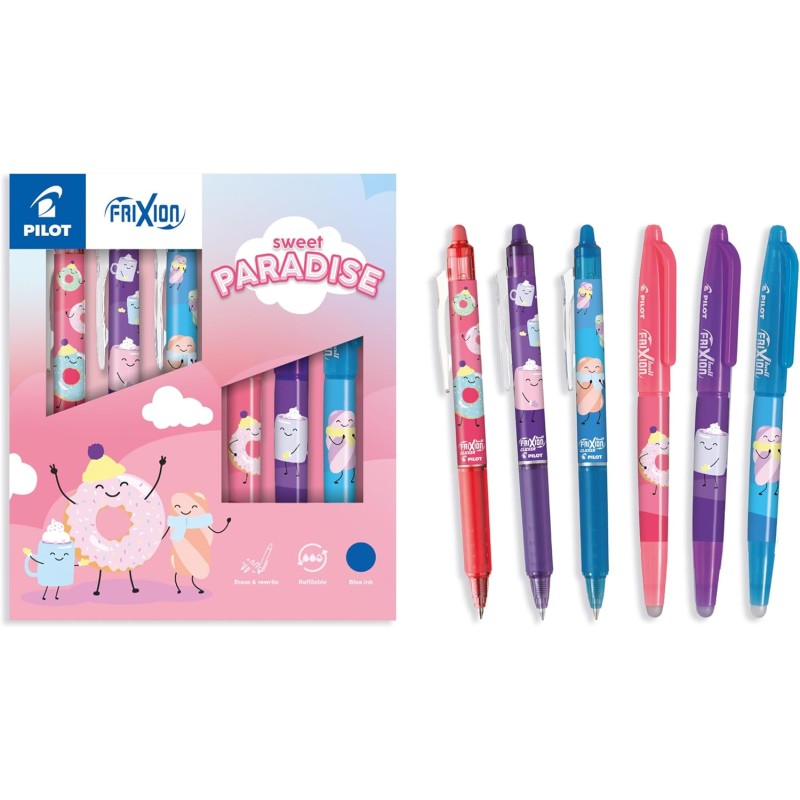 PILOT - Coffret de 3 Frixion Ball + 3 FriXion Ball Clicker - Stylos Effaçables - Édition Limitée Sweet Paradise - Rollers Rechar