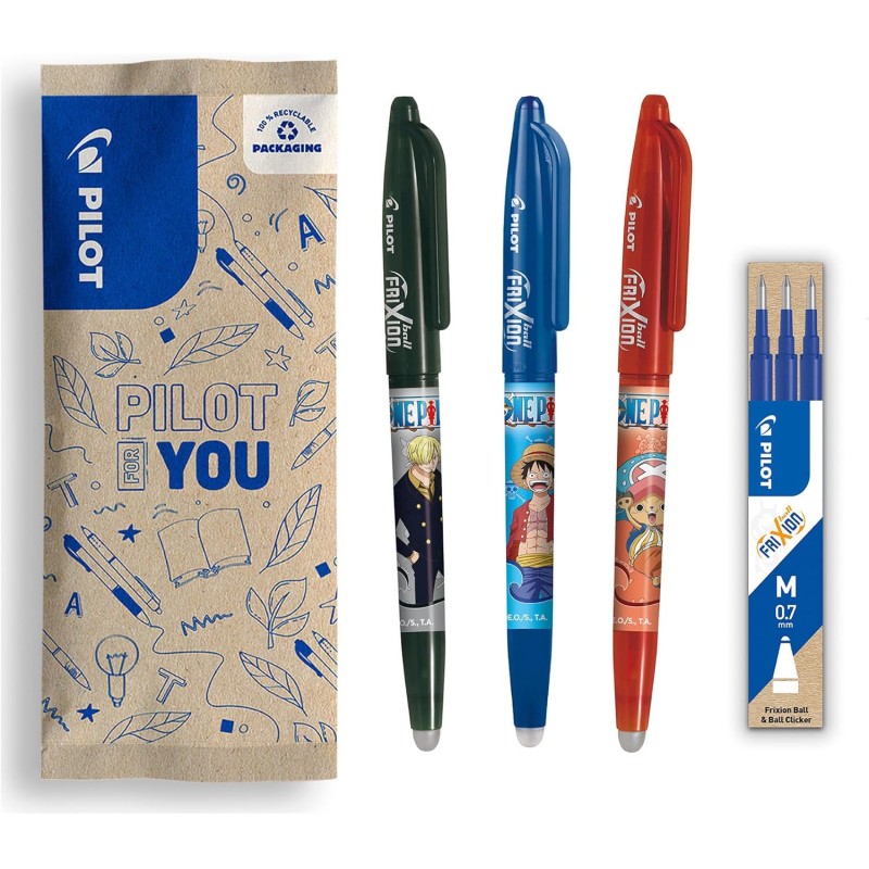 PILOT x ONE PIECE - Lot de 3 Frixion Ball, Noir, Bleu, Rouge + 1 Set de 3 recharges bleues + 4 Stickers - Stylos Effaçables - Éd