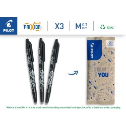 PILOT - Lot de 3 FriXion Ball 07 - Stylo Effaçable à Encre Thermosensible - Stylo Roller Rechargeable - Noir - Pointe Moyenne