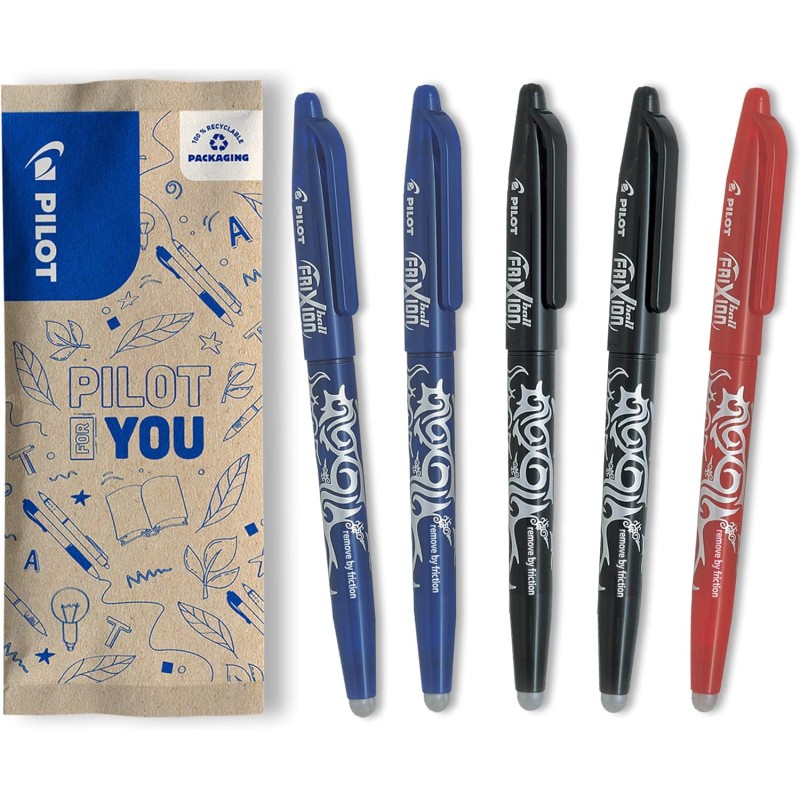 PILOT - Lot de 5 Frixion Ball - Stylo effaçable à encre thermosensible - Stylo roller rechargeable fabriqué à partir de plastiqu