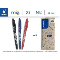 PILOT - 3 Frixion Ball - Encre Gel Effaçable - Stylo Roller Rechargeable et Ergonomique - Noir, Bleu, Rouge - Pointe moyenne