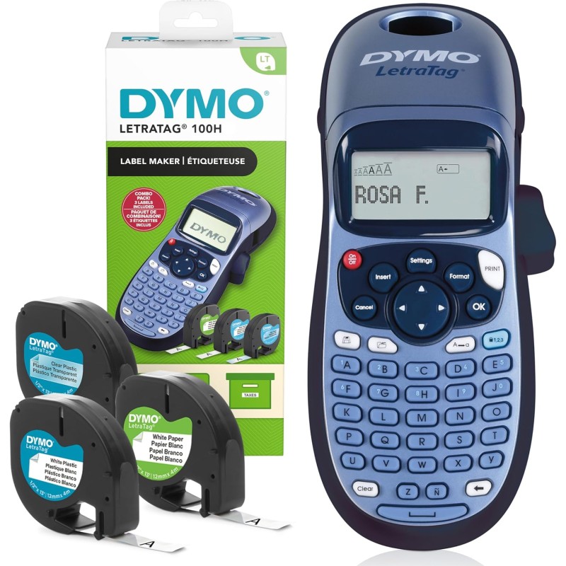 Dymo LetraTag LT-100H Kit de base avec étiqueteuse | Étiqueteuse portative | avec ruban pour étiquettes plastifiées, transparent