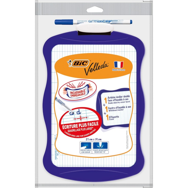 BIC Velleda - Ardoise Effaçable à Sec Double Face | Écriture & Dessin | Résistante & Pratique | Effacette & Marqueur Offerts - C
